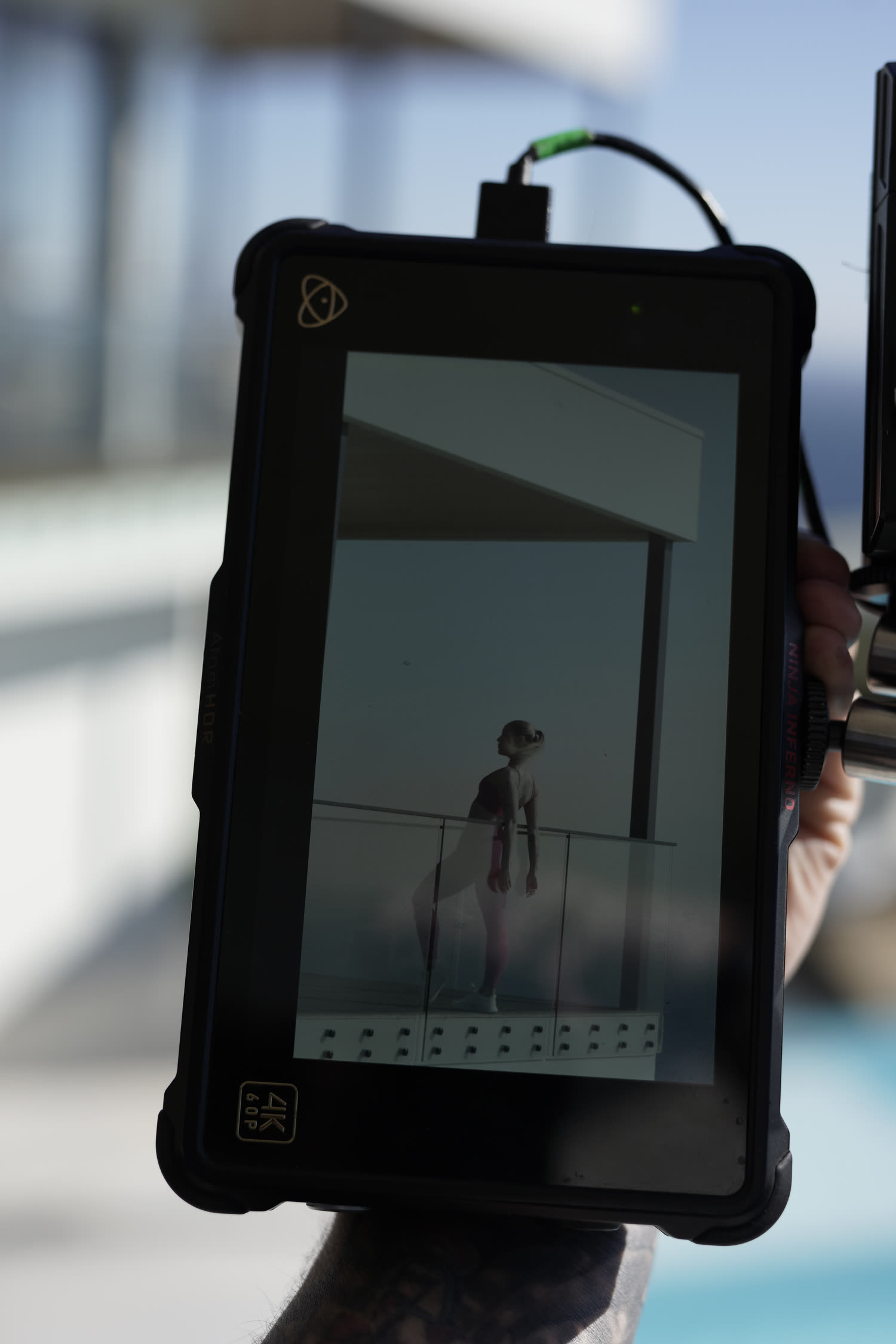 Talent framed on the camera monitor during a take